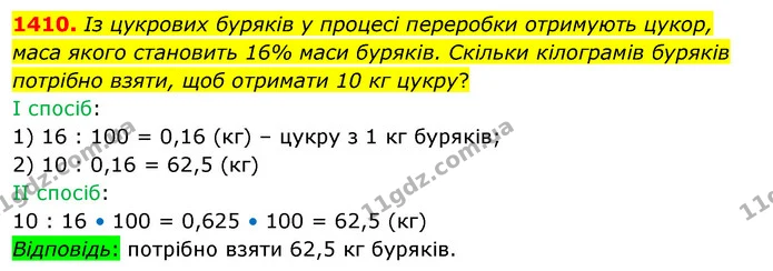 1410. Із цукрових буряків у процесі переробки отримують цукор, маса якого становить 16% маси буряків. Скільки кілограмів буряків — ГДЗ Математика 5 клас Кравчук