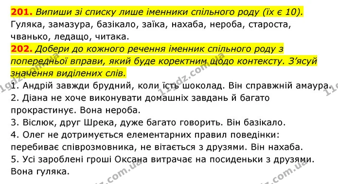 201. Випиши зі списку лише іменники спільного роду (їх є 10). — ГДЗ Українська мова 6 клас Онатій