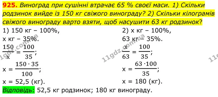 925. Виноград при сушінні втрачає 65 % своєї маси. 1) Скільки родзинок вийде із 150 кг свіжого винограду? 2) Скільки кілограмів свіжого — ГДЗ Алгебра 7 клас Тарасенкова 2024