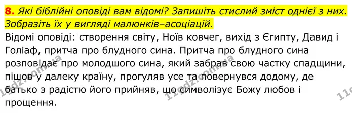 8. Які біблійні оповіді вам відомі? Запишіть стислий зміст однієї з них. Зобразіть їх у вигляді малюнків–асоціацій. — ГДЗ Українська література 8 клас Калинич