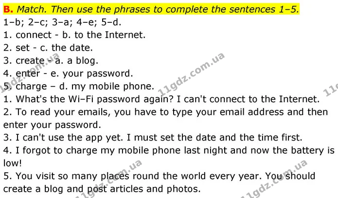 B. Match. Then use the phrases to complete the sentences 1–5. — ГДЗ робочий зошит Англійська мова 7 клас Мітчелл