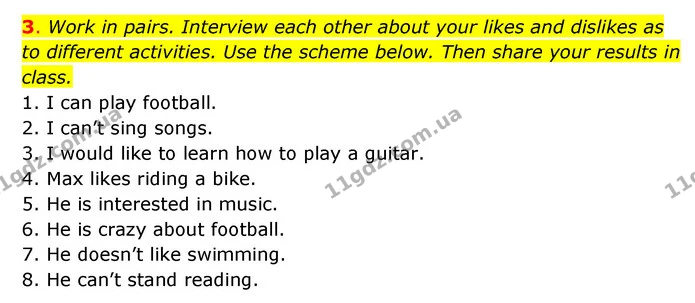3. Work in pairs. Interview each other about your likes and dislikes as to different activities. Use the scheme below. Then share your — ГДЗ Робочий зошит Англійська мова 6 клас Карпюк