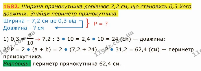 1582. Ширина прямокутника дорівнює 7,2 см, що становить 0,3 його довжини. Знайди периметр прямокутника. — ГДЗ Математика 5 клас Істер 2022
