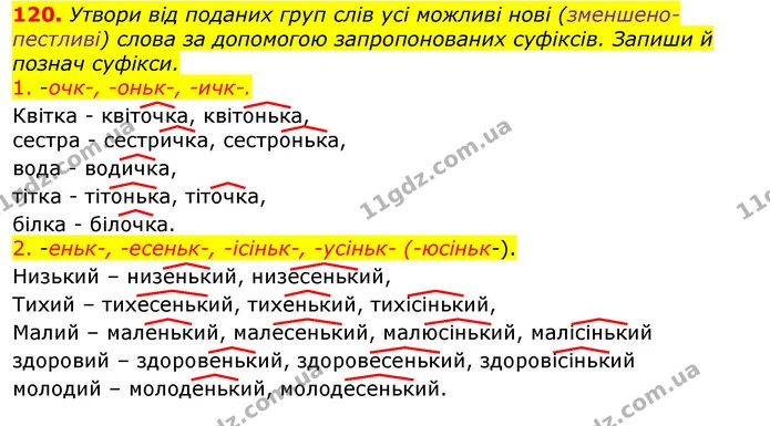 120. Утвори від поданих груп слів усі можливі нові (зменшено-пестливі) слова за допомогою запропонованих суфіксів. Запиши й познач — ГДЗ Українська мова та читання 3 клас Захарійчук 2020