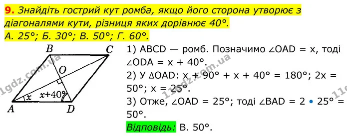 9. Знайдіть гострий кут ромба, якщо його сторона утворює з діагоналями кути, різниця яких дорівнює 40°. — ГДЗ Геометрія 8 клас Істер