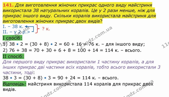 141. Для виготовлення жіночих прикрас одного виду майстриня використала 38 натуральних коралів. Це у 2 рази менше, ніж для прикрас — ГДЗ Математика 4 клас Лишенко 1-2 ч.