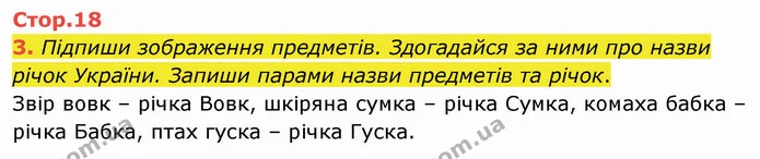 3. Підпиши зображення предметів. Здогадайся за ними про назви річок України. Запиши парами назви предметів та річок. — ГДЗ Робочий зошит Українська мова 2 клас Большакова 1 ч. - 2 ч.