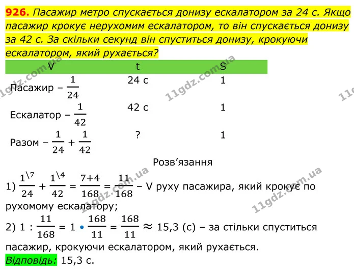926. Пасажир метро спускається донизу ескалатором за 24 с. Якщо пасажир крокує нерухомим ескалатором, то він спускається донизу за 42 — ГДЗ Алгебра 8 клас Тарасенкова
