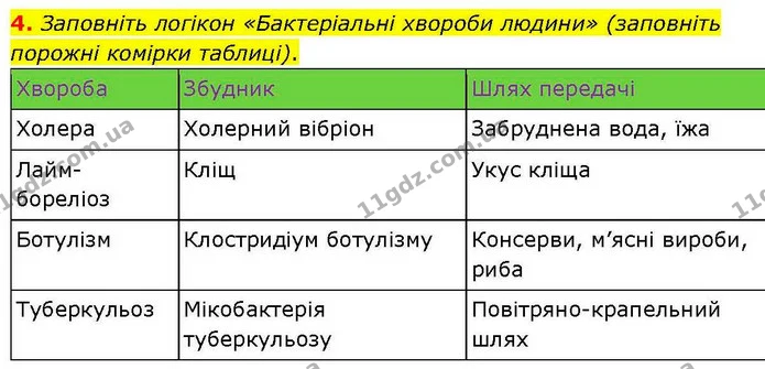 4. Заповніть логікон «Бактеріальні хвороби людини» (заповніть порожні комірки таблиці). — ГДЗ робочий зошит Біологія 7 клас Кулініч