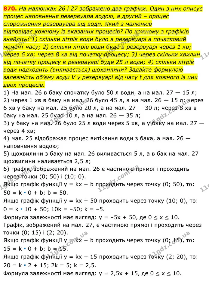 870. На малюнках 26 і 27 зображено два графіки. Один з них описує процес наповнення резервуара водою, а другий – процес спорожнення — ГДЗ Алгебра 7 клас Істер 2020