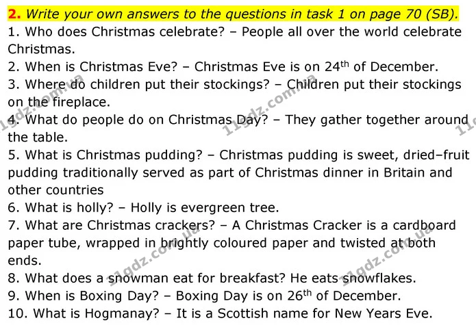 2. Write your own answers to the questions in task 1 on page 70 (SB). — ГДЗ Робочий зошит Англійська мова 7 клас Карпюк