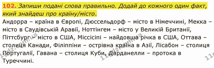 102. Запиши подані слова правильно. Додай до кожного один факт, який знайдеш про країну/місто. — ГДЗ Українська мова 5 клас Онатій