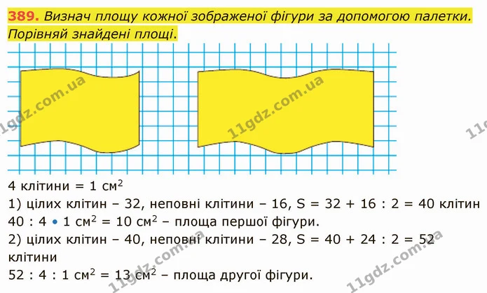 389. Визнач площу кожної зображеної фігури за допомогою палетки. Порівняй знайдені площі. — ГДЗ Математика 4 клас Оляницька