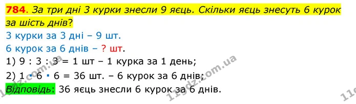 784. За три дні 3 курки знесли 9 яєць. Скільки яєць знесуть 6 курок за шість днів? — ГДЗ Математика 3 клас Бевз 1 частина