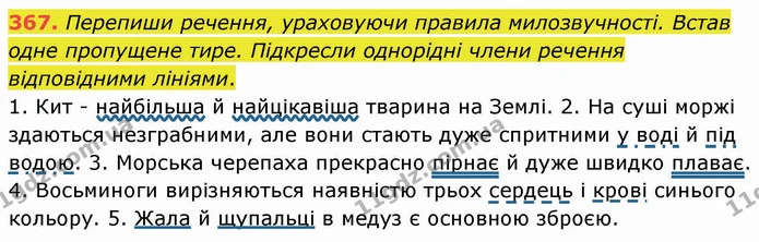 367. Перепиши речення, ураховуючи правила милозвучності. Встав одне пропущене тире. Підкресли однорідні члени речення відповідними — ГДЗ Українська мова 5 клас Онатій