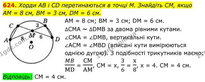 624. Хорди AB і CD перетинаються в точці M. Знайдіть CM, якщо — ГДЗ Геометрія 8 клас Бевз
