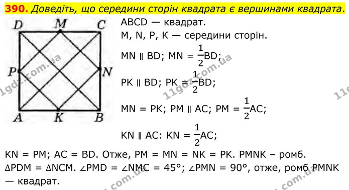 390. Доведіть, що середини сторін квадрата є вершинами квадрата. — ГДЗ Геометрія 8 клас Бурда