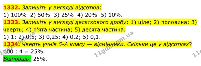 1332. Запишіть у вигляді відсотків: — ГДЗ Математика 5 клас Тарасенкова 2022