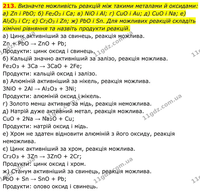 213. Визначте можливість реакцій між такими металами й оксидами: а) Zn і PbO; б) Fe2O3 і Ca; в) NiO і Al; г) CuO і Au; д) CuO і Na; е) — ГДЗ Хімія 8 клас Григорович
