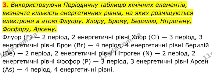 3. Використовуючи Періодичну таблицю хімічних елементів, визначте кількість енергетичних рівнів, на яких розміщуються електрони в атомі — ГДЗ Хімія 8 клас Мідак