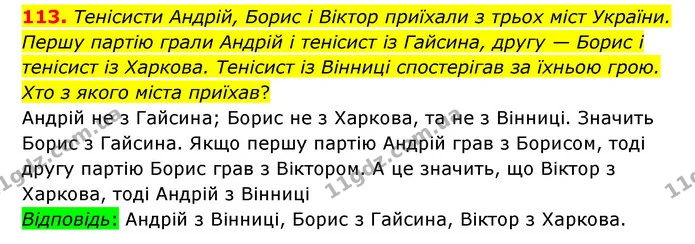 113. Тенісисти Андрій, Борис і Віктор приїхали з трьох міст України. Першу партію грали Андрій і тенісист із Гайсина, другу — Борис і — ГДЗ Математика 6 клас Бевз 1-2 ч.