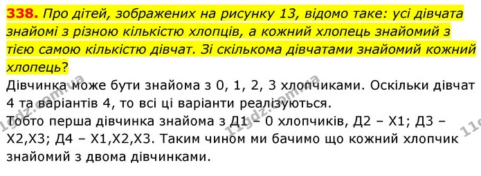 338. Про дітей, зображених на рисунку 13, відомо таке: усі дівчата знайомі з різною кількістю хлопців, а кожний хлопець знайомий з тією — ГДЗ Математика 6 клас Кравчук 2023