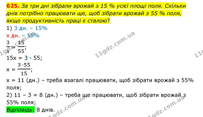 625. За три дні зібрали врожай з 15 % усієї площі поля. Скільки днів потрібно працювати ще, щоб зібрати врожай з 55 % поля, якщо — ГДЗ Математика 6 клас Істер 2023 1-2 ч.