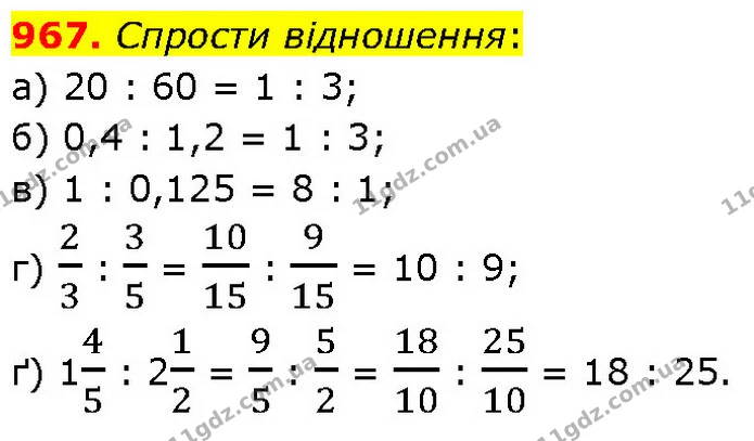 967. Спрости відношення: — ГДЗ Математика 6 клас Бевз 1-2 ч.
