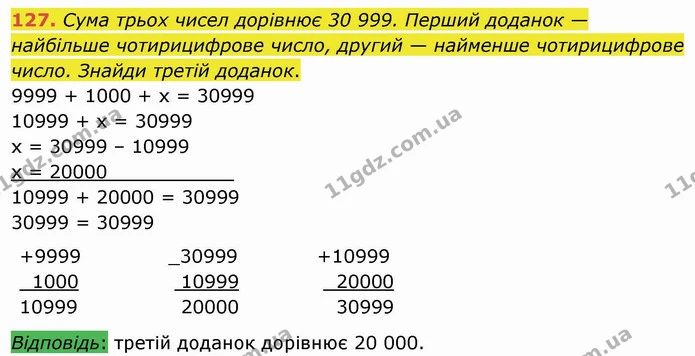 127. Сума трьох чисел дорівнює 30 999. Перший доданок —найбільше чотирицифрове число, другий — найменше чотирицифрове число. Знайди — ГДЗ Математика 4 клас Оляницька