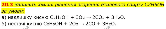 20.3 Запишіть хімічні рівняння згоряння етилового спирту C2H5OH за умови: — ГДЗ Робочий зошит Хімія 8 клас Григорович