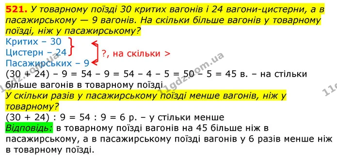521. У товарному поїзді 30 критих вагонів і 24 вагони-цистерни, а в пасажирському — 9 вагонів. На скільки більше вагонів у товарному — ГДЗ Математика 3 клас Лишенко (1, 2 частина)