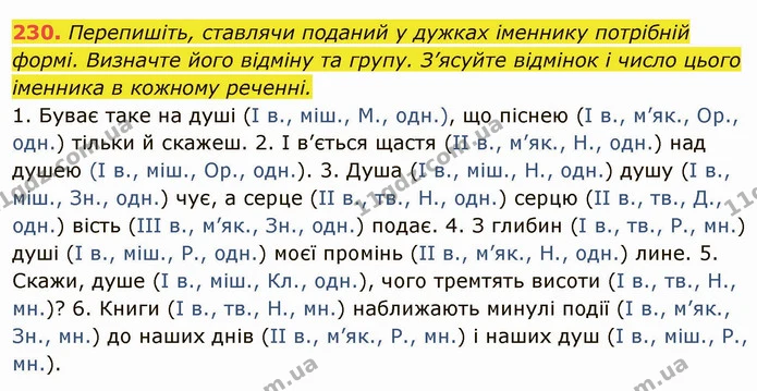 230. Перепишіть, ставлячи поданий у дужках іменнику потрібній формі. Визначте його відміну та групу. З’ясуйте відмінок і число цього — ГДЗ Українська мова 6 клас Глазова