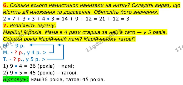 6. Скільки всього намистинок нанизали на нитку? Складіть вираз, що містить дії множення та додавання. Обчисліть його значення. — ГДЗ Математика 4 клас Логачевська 1 та 2 частини