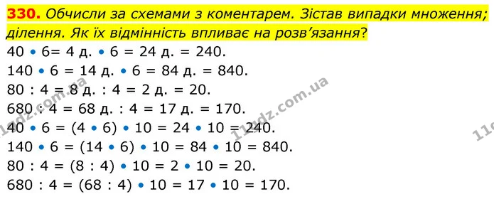 330. Обчисли за схемами з коментарем. Зістав випадки множення; ділення. Як їх відмінність впливає на розв’язання? — ГДЗ Математика 5 клас Скворцова 2022