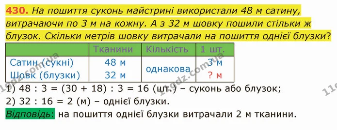 430. На пошиття суконь майстрині використали 48 м сатину, витрачаючи по 3 м на кожну. А з 32 м шовку пошили стільки ж блузок. Скільки — ГДЗ Математика 4 клас Лишенко 1-2 ч.