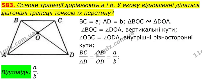 583. Основи трапеції дорівнюють a і b. У якому відношенні діляться діагоналі трапеції точкою їх перетину? — ГДЗ Геометрія 8 клас Бевз