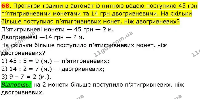 68. Протягом години в автомат із питною водою поступило 45 грн п’ятигривневими монетами та 14 грн двогривневими. На скільки більше — ГДЗ Математика 3 клас Козак 1-2 ч.