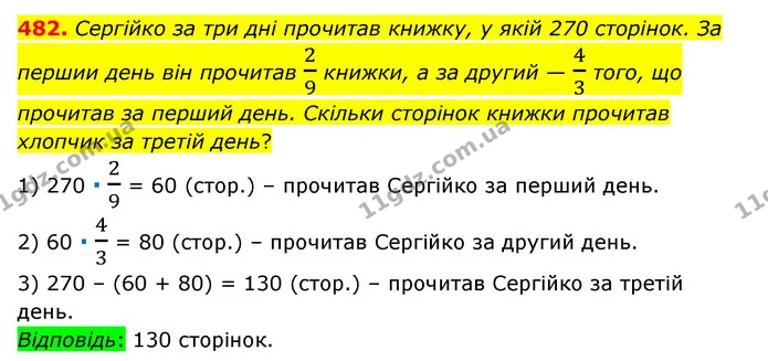 482. Сергійко за три дні прочитав книжку, у якій 270 сторінок. За першии день він прочитав 29 книжки, а за другий — 43 того, що — ГДЗ Математика 6 клас Тарасенкова 2023 1-2 ч.