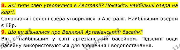 8. Які типи озер утворилися в Австралії? Покажіть найбільші озера на карті. — ГДЗ Географія 7 клас Безуглий