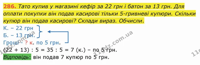 286. Тато купив у магазині кефір за 22 грн і батон за 13 грн. Для оплати покупки він подав касирові тільки 5-гривневі купюри. Скільки — ГДЗ Математика 3 клас Листопад 1-2 ч.