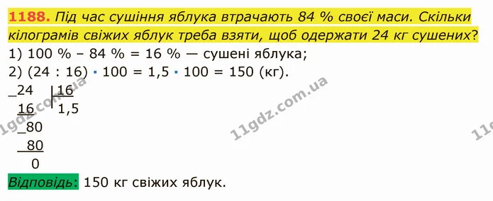 1188. Під час сушіння яблука втрачають 84 % своєї маси. Скільки кілограмів свіжих яблук треба взяти, щоб одержати 24 кг сушених? — ГДЗ Математика 5 клас Мерзляк