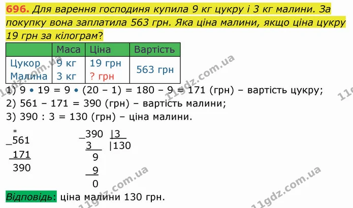 696. Для варення господиня купила 9 кг цукру і 3 кг малини. За покупку вона заплатила 563 грн. Яка ціна малини, якщо ціна цукру 19 грн — ГДЗ Математика 4 клас Лишенко 1-2 ч.