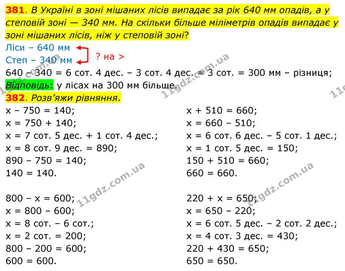 381. В Україні в зоні мішаних лісів випадає за рік 640 мм опадів, а у степовій зоні — 340 мм. На скільки більше міліметрів опадів — ГДЗ Математика 3 клас Бевз 1 частина