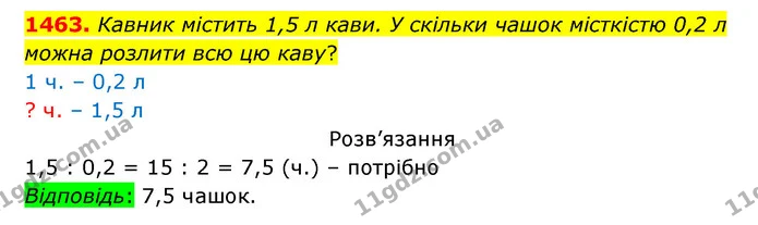 1463. Кавник містить 1,5 л кави. У скільки чашок місткістю 0,2 л можна розлити всю цю каву? — ГДЗ Математика 5 клас Бевз