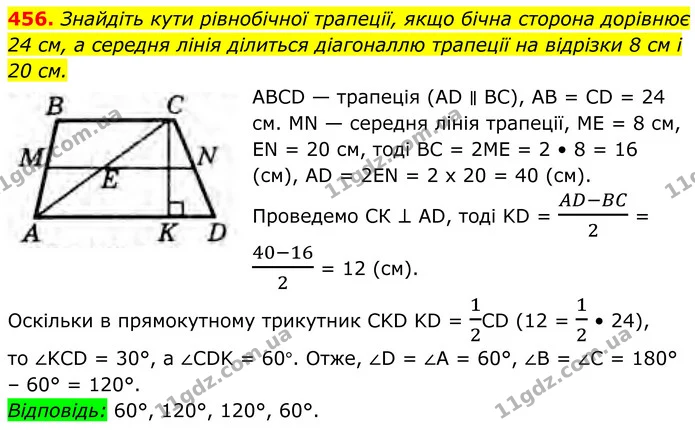 456. Знайдіть кути рівнобічної трапеції, якщо бічна сторона дорівнює 24 см, а середня лінія ділиться діагоналлю трапеції на відрізки 8 — ГДЗ Геометрія 8 клас Бурда