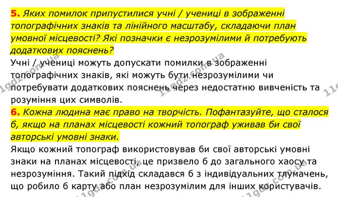 5. Яких помилок припустилися учні / учениці в зображенні топографічних знаків та лінійного масштабу, складаючи план умовної місцевості? — ГДЗ Географія 6 клас Кобернік (2023)