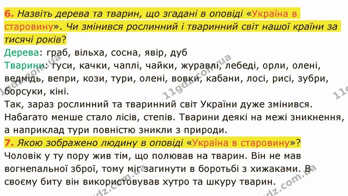 6. Назвіть дерева та тварин, що згадані в оповіді «Україна в старовину». Чи змінився рослинний і тваринний світ нашої країни за тисячі — ГДЗ Українська література 5 клас Авраменко 2022