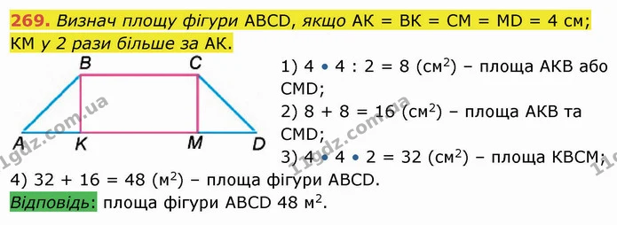 269. Визнач площу фігури АBCD, якщо АК = ВК = СМ = MD = 4 см; КМ у 2 рази більше за АК. — ГДЗ Математика 4 клас Лишенко 1-2 ч.