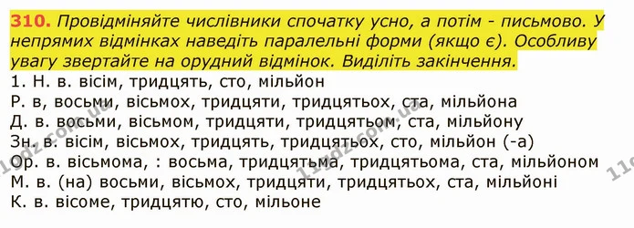 310. Провідміняйте числівники спочатку усно, а потім - письмово. У непрямих відмінках наведіть паралельні форми (якщо є). Особливу — ГДЗ Українська мова 6 клас Заболотний 2019