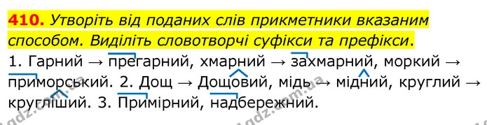 410. Утворіть від поданих слів прикметники вказаним способом. Виділіть словотворчі суфікси та префікси. — ГДЗ Українська мова 6 клас Заболотний 2020